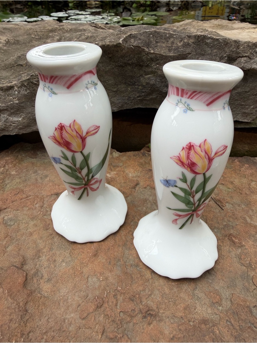 Hallmark White porcelain  candleholders  with Pink & Yellow Tulip Motif